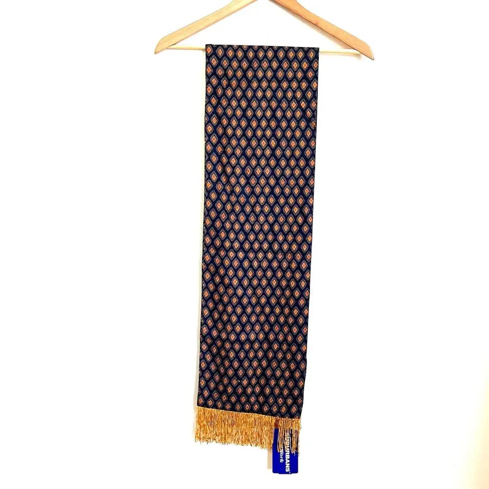 Suburbans Vintage English Channel Diamond Print Scarf Blue Gold Fringe‎ USA Made